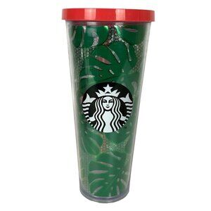 Starbucks Venti 24 oz Cold Cup Tumbler Green Tropical Leaves Design Red Lid